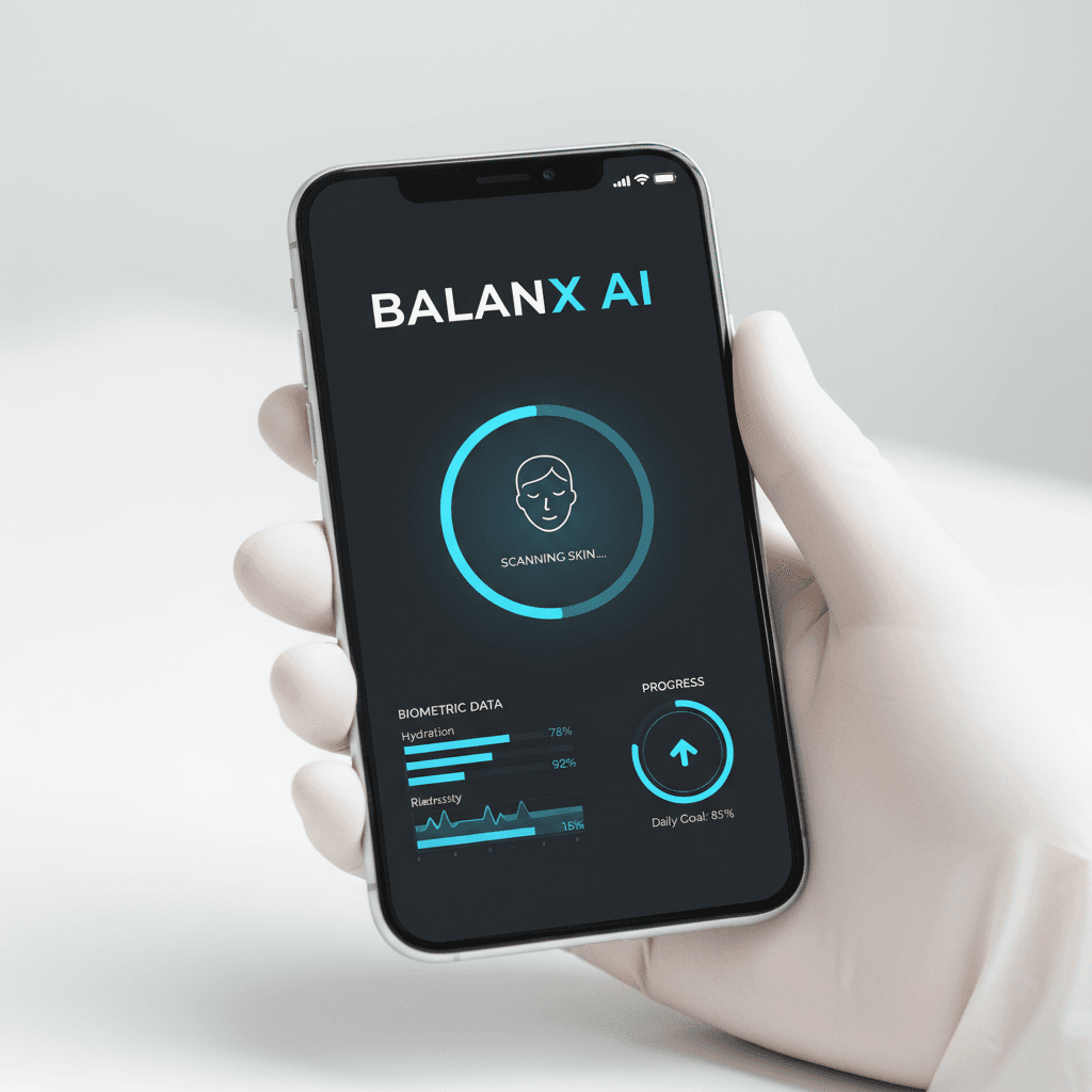 Balanx AI App interface displaying biometric skin diagnostics on smartphone